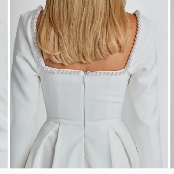 $485 Oddmuse London Elegant White Dress with Pearls, - Picture 4 of 9